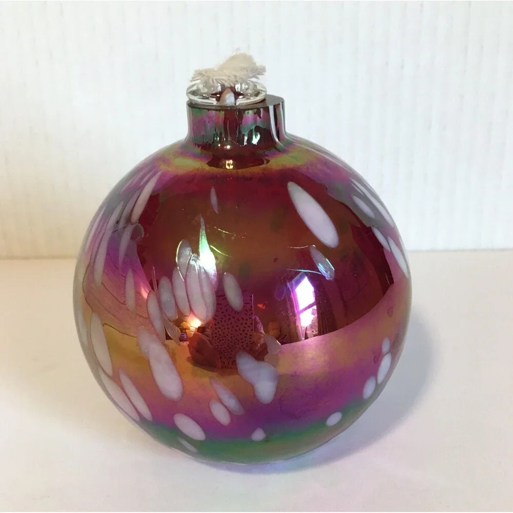 Pottery Barn Glass Oil Lamp Red White Hand Blown Art Glass Unused Iridescent